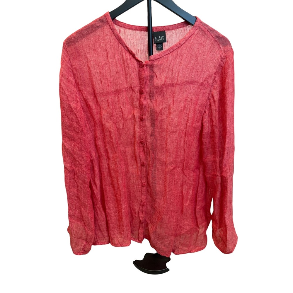 Eileen‎ Fisher Linen Button Up Shirt Top Long Sleeve Red Casual Blouse tunic
